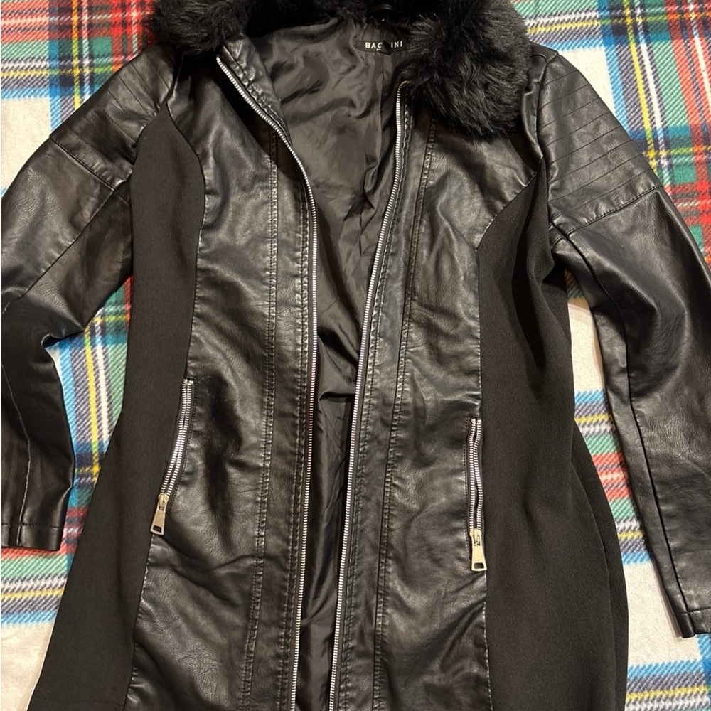 Baccini Black Leather Jacket with Fur Collar
